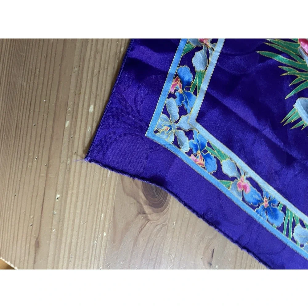 Vintage Floral Silk Scarf Purple Blue Pink Orchid Print Square Retro 34x33